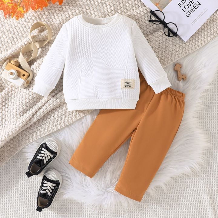 Terno For Kid Boy 6-36Months Casual Fashion Long Sleeve Tee and Brown Long Pants Outfit Toddler Infant Clothing Set Fashion Kids Wear Ootd for Newborn Baby Boy