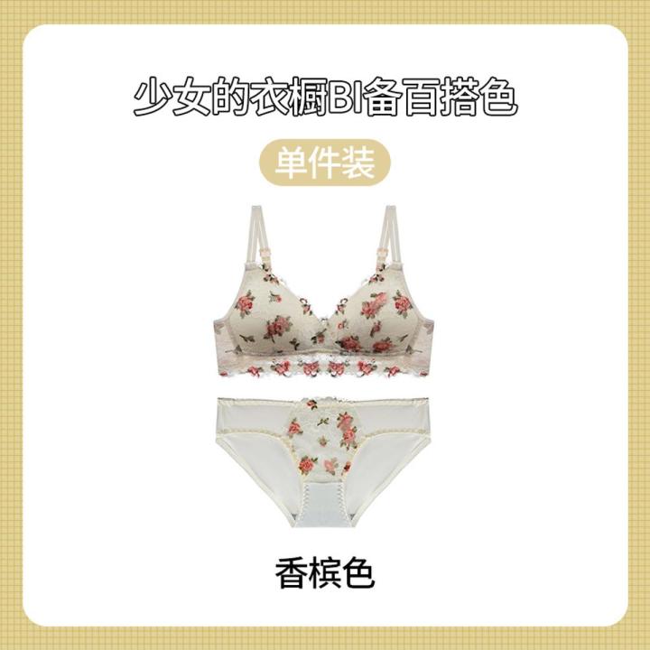 TZ Japanese Style Sweet Lace Vintage Rose Flower Underwear Women's Thin Push-Up No-Rings Comfortable Breathable Bra Set