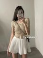 2023Summer New Korean Style Fashion Single-Breasted Pure Desire Style Knitted Top Women's Sweet High Waist Pleated Skirt Suit. 