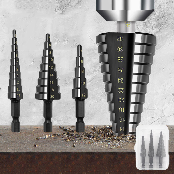Hexagonal Handle Step Drill Straight Groove Titanium-Plated Drill Bit 3-12 4-12 4-20 Electric Drill Reaming Bench Drill Pagoda