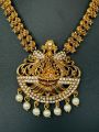 Gold color temple design long necklace set with silver color stone and off-white pearl for women and girl. 