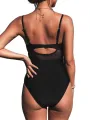 Women's One-Piece Swimsuit, Solid Color/Leaf Print V-neck Sleeveless Patchwork Tulle Sling Bodysuit Swimwear. 