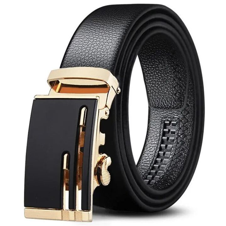 【HUT】 Men Automatic Buckle Versatile Casual Waist Belt Lychee Pattern Alloy Material Rectangular Shape Adult Suitable