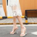 2023Summer New Outdoor Transparent Ankle-Strap High Heel Slippers Women's Platform Crystal Thick Heel Small Size Sandals. 