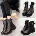 【BestGO】korean fashion boots for women ladies Women'Fashion Leisure Lace-Up Zipper Chunky Square Heels Short Boots Shoes. 
