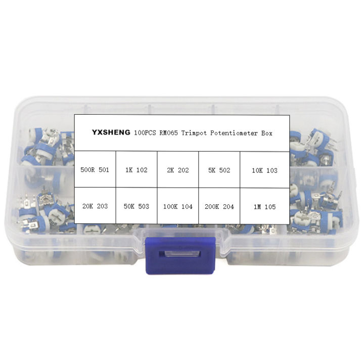 100Pcs RM065 Carbon Film Horizontal Trimpot Potentiometer Assortment Kit 10 Values Variable Resistor 500R 1K 2K 5K 10K -1M Boxs