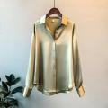 Yfashion Women Cotton  Satin  Shirt Lapel Long-sleeved Solid Color Loose Drape Retro Shirt color. 