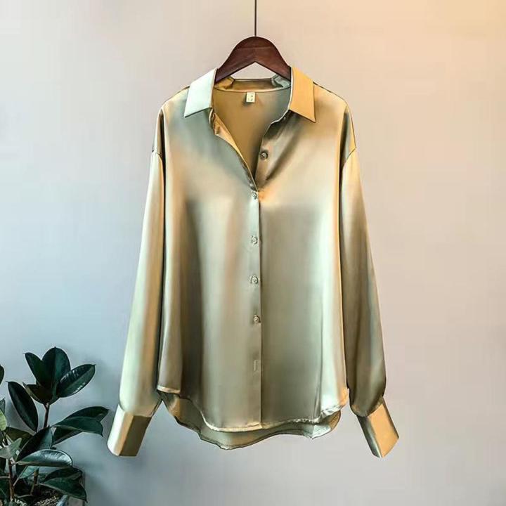 Yfashion Women Cotton  Satin  Shirt Lapel Long-sleeved Solid Color Loose Drape Retro Shirt color