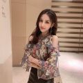 off-the-Shoulder Floral Chiffon Blouse Women's Summer Wear2023New Fashionable Korean Style Temperament Shirt Loose Bell Sleeve Top. 