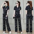 One-Piece/Set 2023Summer New Fashion Slimming Short-Sleeved Printed Top Wide-Leg Pants Casual Two-Piece Suit Women. 