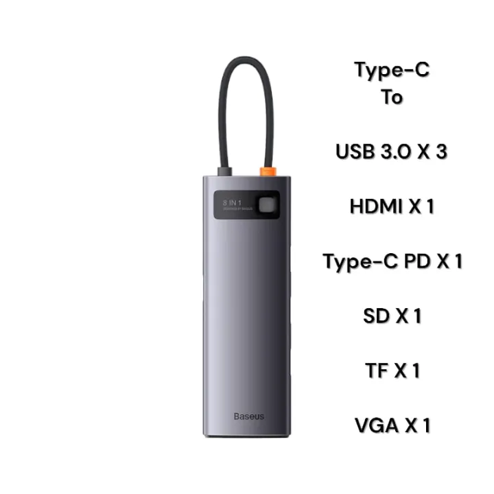 Baseus 8-in-1 Star Joy Series Multifunctional Type-C HUB Docking Station Gray (Type-C to HDMI*1 / VGA*1 /USB3.0*3 / Type C PD*1 / SD&TF*1) 6 Months Warranty