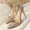 2023New Korean Style Rhinestone Pointed Toe Bridal Wedding Shoes Silver Girl High Heel Sandals All-Matching Ankle-Strap Buckle Shoes. 