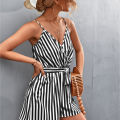 Yfashion Women Stripe Print V Neck Beach Shorts Romper Jumpsuit With Belt Sexy Fashion Suspender Jumpsuit For Beach Party. 