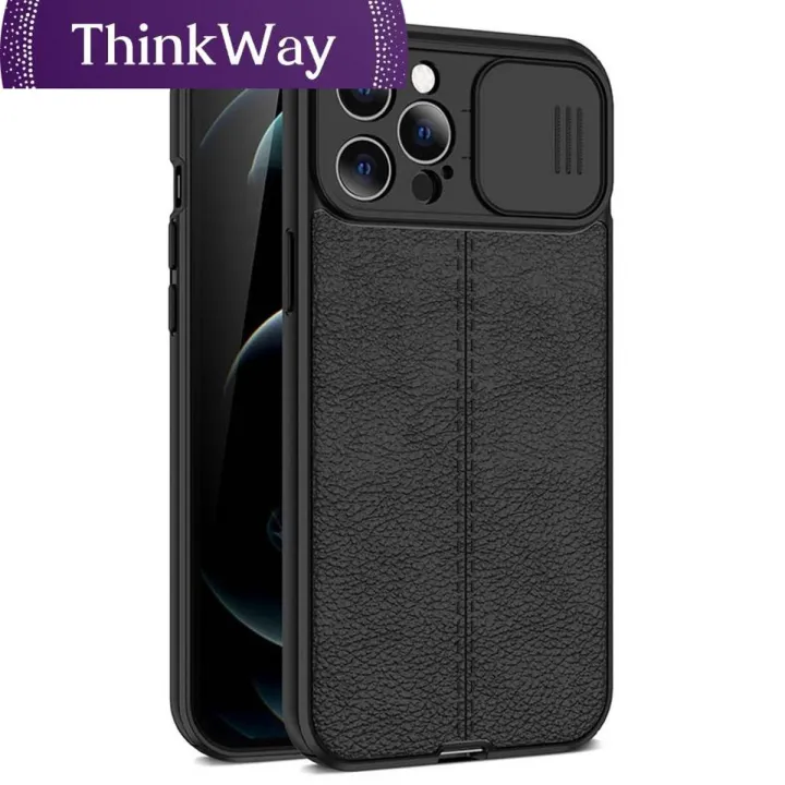 【ThinkWay】Slide Camera Lens Protection Case For iPhone 13 12 11 Pro Max XR XS X 6 7 8 Plus Mini SE Leather Texture Cooling Soft Back Cover