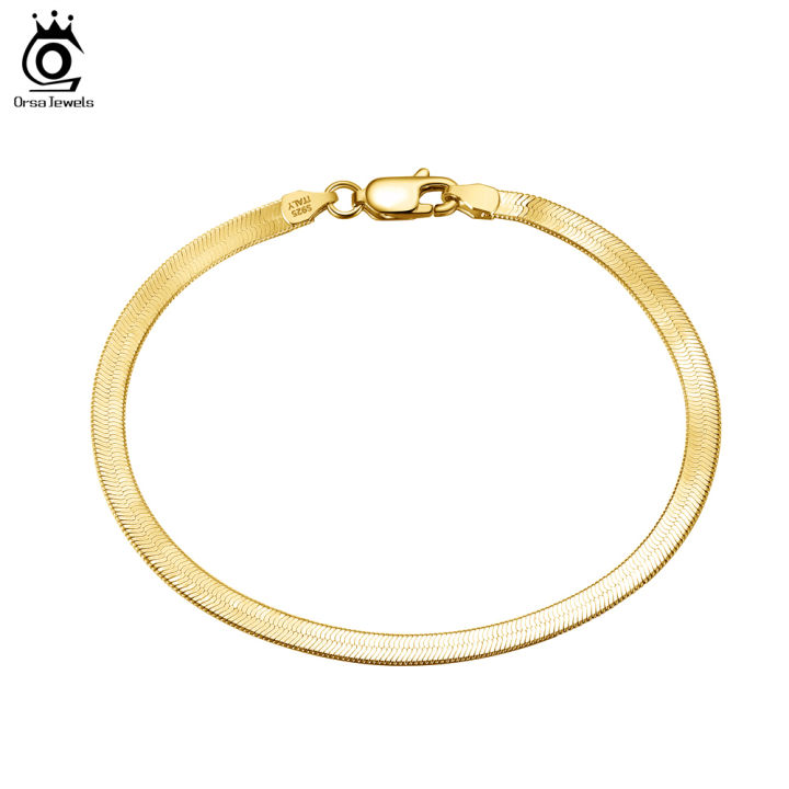 Orsa Jewels 18k Gold 925 Sterling Silver 3mm Flexible Flat Herringbone Chain Bracelet For Women Fahsion Jewelry Sb107