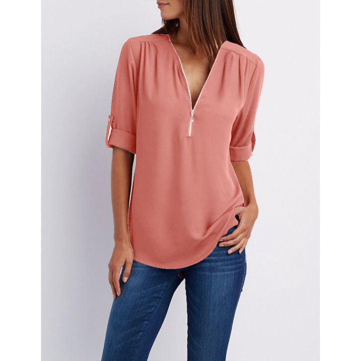 Yfashion%20Women%20Chiffon%20Shirt%20Solid%20Color%20Long%20Sleeve%20V-neck%20Front%20Zipper%20Pullover%20Top%20Plus%20Size%20Loose%20T-shirt%20color%20-%20Image%209