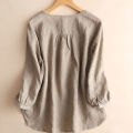 bellylady Cotton Linen Blouse for Women Loose Fit Solid Color Tops Round Neck Pullover Long Sleeves Shirt. 