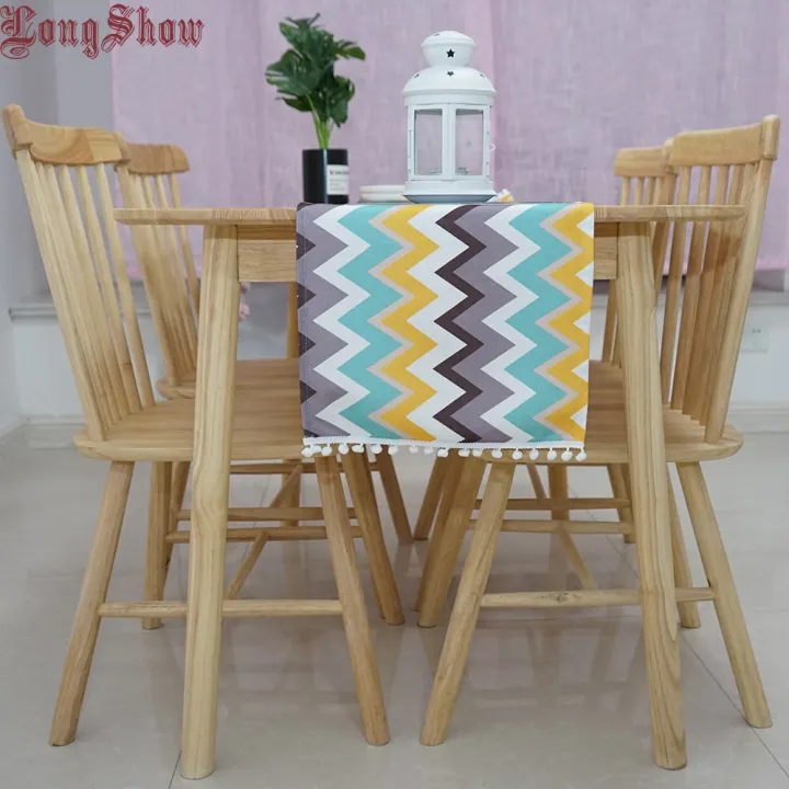 Longshow%20Polyester%20Colorful%20Geometric%20Paid%20Waves%20Table%20Runner%20With%20Braid%20Ball%20Trim%2033x140cm%20-%20Image%205