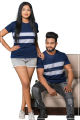 Navy Blue Color White Two Lines Couple T Shirts | AS502. 