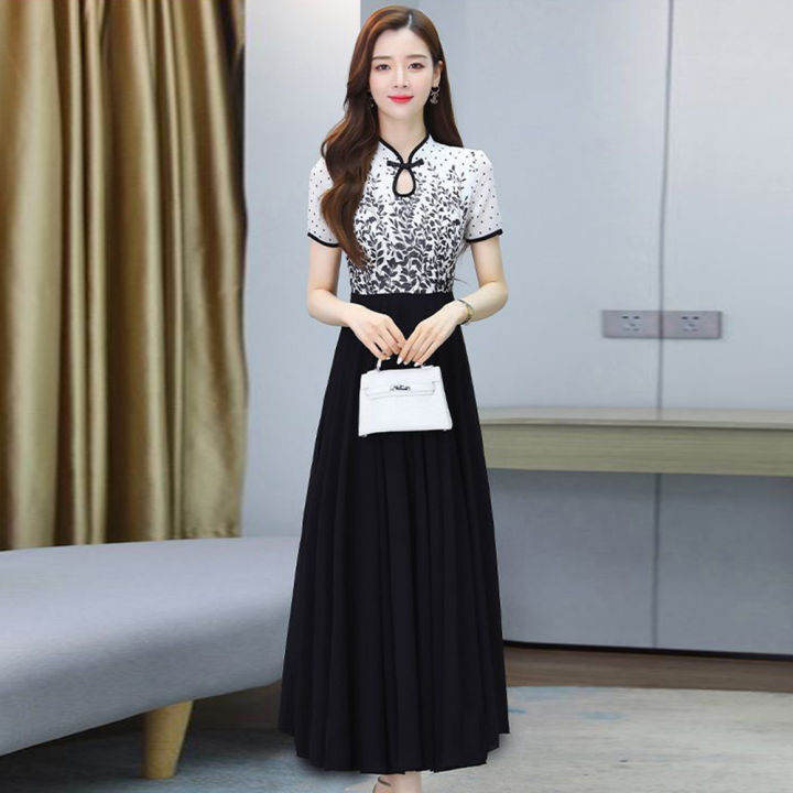 bellylady%20Women%20Cotton%20Cheongsam%20Dress%20Summer%20Short%20Sleeves%20Stand%20Collar%20A-line%20Skirt%20High%20Waist%20Large%20Swing%20Dress%20-%20Image%204