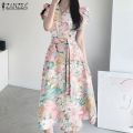 【WEJA】 Korean Style Womens Floral Printed A-Line Sundress Elegant V-Neck Collect Waist Dress #11. 