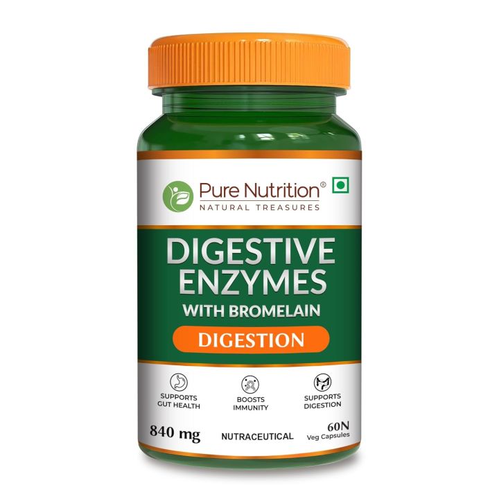 Pure Nutrition Digestive Enzymes (Amylase, Lipase, Protease, Cellulase, Lactase) with Bromelain| Better Bioavailability | Supports Digestion & Better Absorption of Food Nutrients - 60 Veg Capsules(FROM INDIA)NUSS
