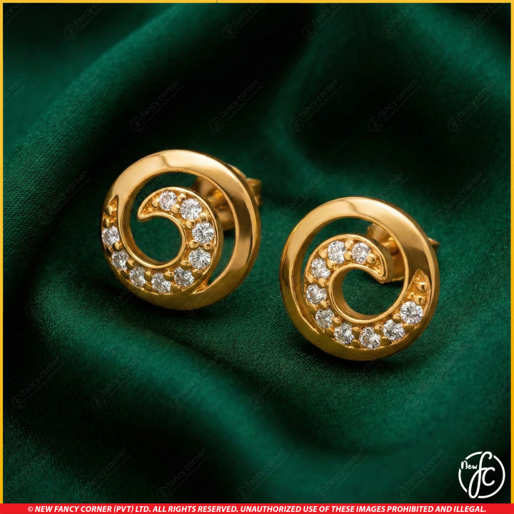 New Elegant Gold Plated Derana Spiral Earrings for Women - Luxury White Crystal Studded Swirl Studs for Girls - High Quality Hypoallergenic Fashion Jewelry Sri Lanka - FC-E