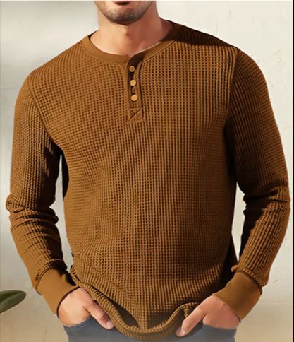 Mens Long Sleeve Henley T-Shirt Coffee Brown