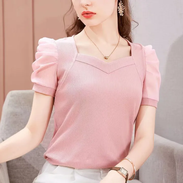 Yfashion%20Women%20Blouse%20Ice%20Silk%20V%20Neck%20Plus%20Size%20Shirt%20Loose%20Fashion%20Casual%20Puff%20Short%20Sleeve%20Pullover%20Tops%20color%20-%20Image%205