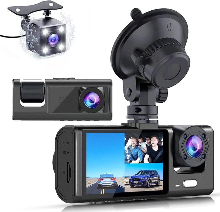 3 Channel Dash Cam Front and Rear Inside, 1080P FHD Three Channels Dash Camera for Cars with Super IR Night Vision, WDR, G-Sensor, Loop Recording, Parking Monitor, 24 Hours Recording.