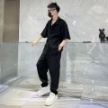 Men's Full Set One Entire Outfit ins Hong Kong Style Loose Short Sleeve Shirt Casual Trousers Summer Two-Piece Suit Tide. 