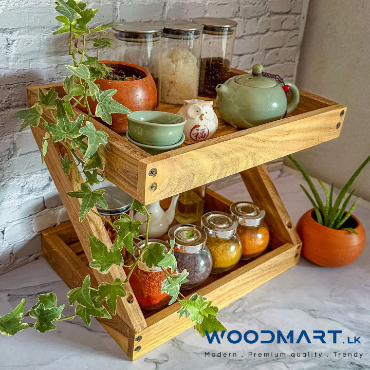 2 Tier Kitchen Storage Rack Nadun Wood Organizer Cupholder Spice Rack Tea Corner Rack for Countertop, 32x25x27 cm