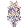Women Knit Bodysuits Bathing Suit Vintage Floral Print Cross Sleeveless Backless Swimsuits Summer Swimwear Bikini. 