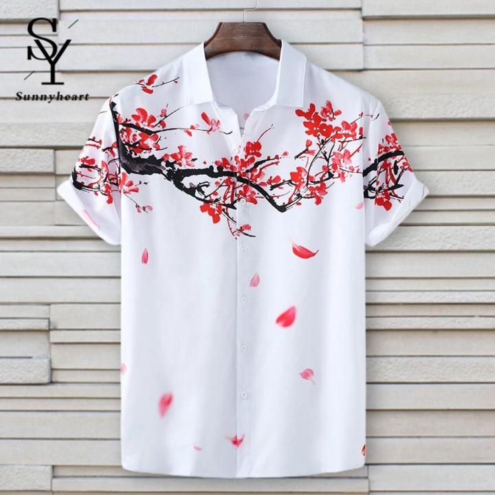 Sunnyheart%20Shirt%20for%20Men%20-%20Summer%20Wear%20Polyester%20Shirt,%20Ink%20&%20Wash%20Plum%20Blossom%20Flower%20Print%20Top%20in%20White%20Color%20-%20Image%208