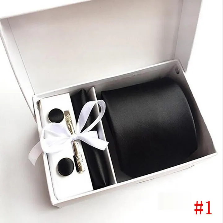 【BestGO】New High Quality 8CM Ties Set For Men Cufflink Pocket Square Tie Clips Handkerchief Mens Striped Wedding Party Necktie With Gift Box(Black)