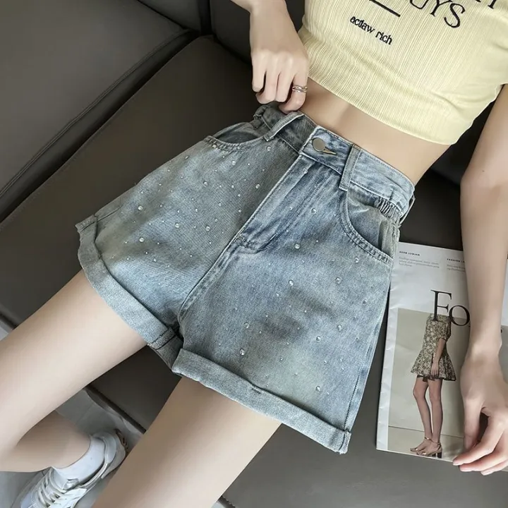 Summer%20New%20Curling%20Denim%20Shorts%20for%20Women%202024%20Fashionable%20All-Match%20Rhinestone%20Loose%20a%20Word%20High%20Waist%20Wide%20Leg%20Hot%20Pants%20-%20Image%205