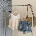 Girls Outfit Sets Summer Kids Casual Clothing For Girl Tank Top And Knit Top+Denim Shorts 3PCS Set Children's Baby Girl Clothing. 