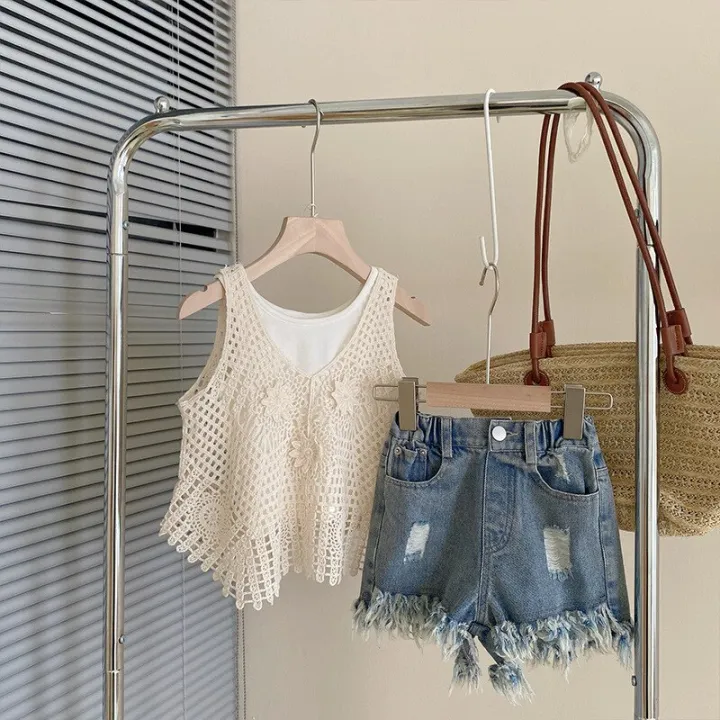 Girls Outfit Sets Summer Kids Casual Clothing For Girl Tank Top And Knit Top+Denim Shorts 3PCS Set Children's Baby Girl Clothing