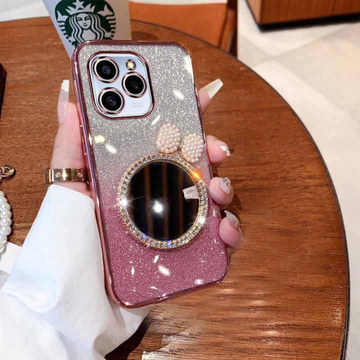 For Infinix Smart 8 8 Pro 8 Plus 8 HD 7 6 5 Back Cover with Bow Makeup Mirror Luxury Shiny Gradient Plating Glitter Girls Slim Phone Case Clear Soft Silicone Protective Cases Pouch