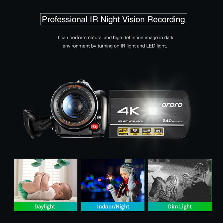 ORDRO%20AC3%204K%20WI-FI%20Digital%20Video%20Camera%20Camcorder%20DV%20Recorder%2024MP%2030X%20Zoom%20IR%20Night%20Vision%203.1%20Inch%20IPS%20LCD%20Touchscreen%20with%202pcs%20Recharge-able%20batter-ies%20+%20Extra%200.39X%20Wide%20Angle%20Lens%20+%20External%20Microphon-e%20+%20Lens%20Hood%20+%20Camera%20Holder%20-%20Image%203