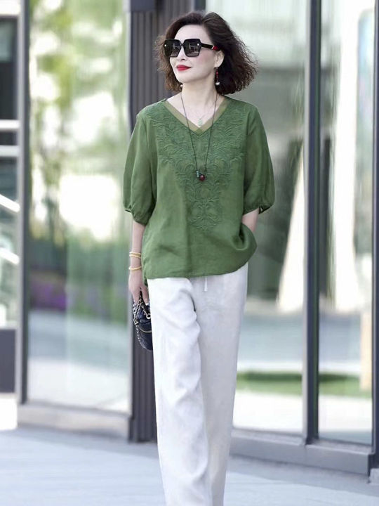 Cotton and Linen plus Size Suit Middle-Aged Mom Plain Order Cotton and Linen New Summer Two-Piece Brand Noble Lady Wide Lady High-End