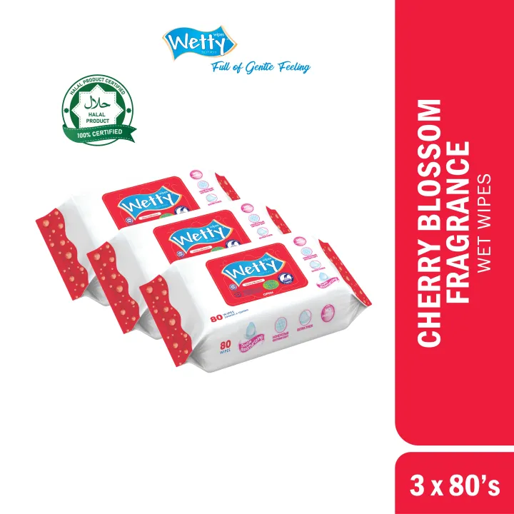 Wetty Wet Wipes Cherry Blossom Fragrance Free Wet Tissue Extra Thick Tisu Basah Tebal 3 x 80's