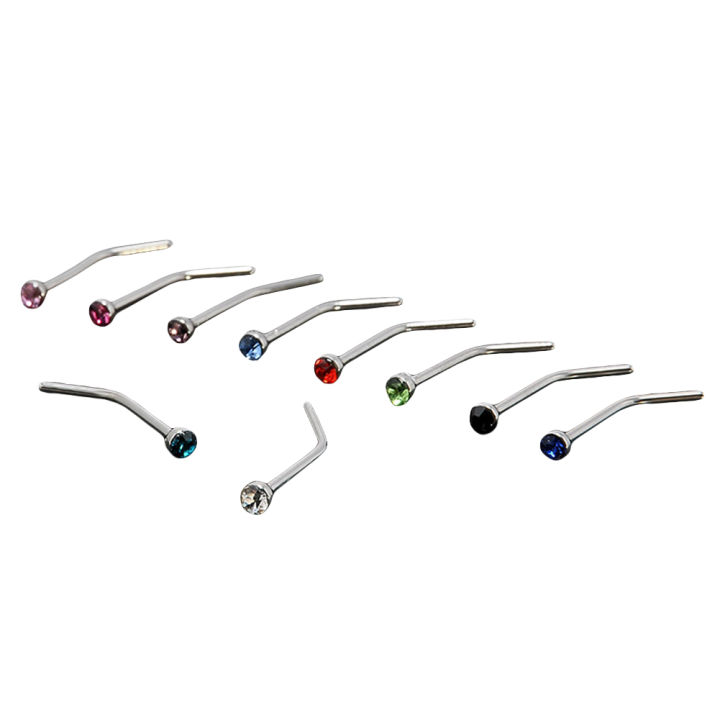 Yfashion 1.8mm Rhinestone Nose Nail Body Piercing Jewelry Stainless Steel Nose Ring 10pcs/pack