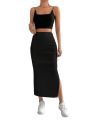 Women's Solid Split Thigh Skirt Casual Summer Dress with Ruched Sides and Elastic Waistband. 