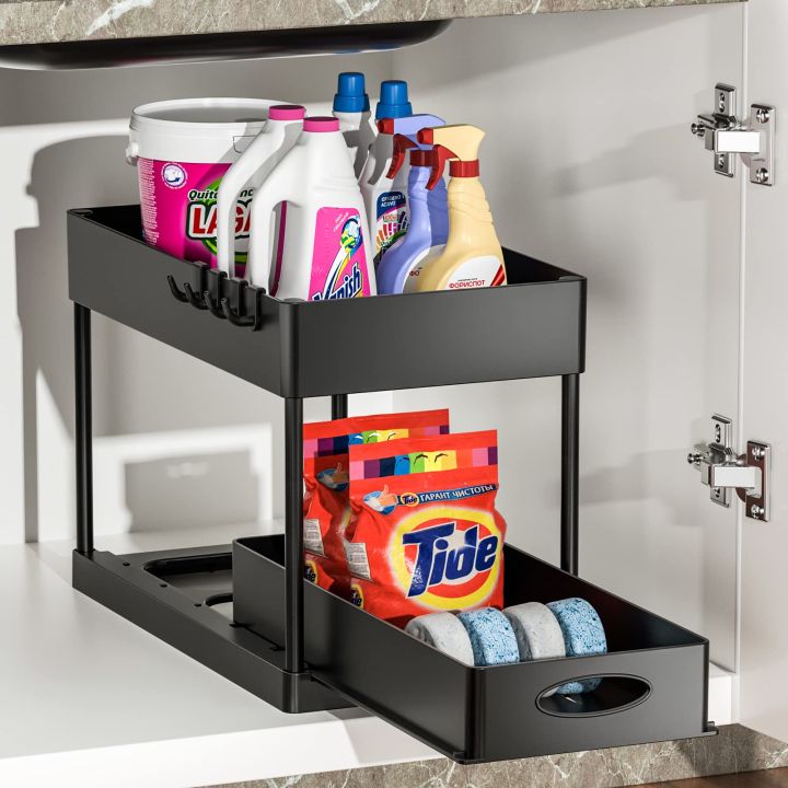 Under Sink Organizers and Storage 2 Tier Under Sink Organizer with Hooks Multi Purpose Kitchen Cabinet Organizer Bathroom Organizer Under Kitchen Sink Organizers and Storage Black Daraz.lk