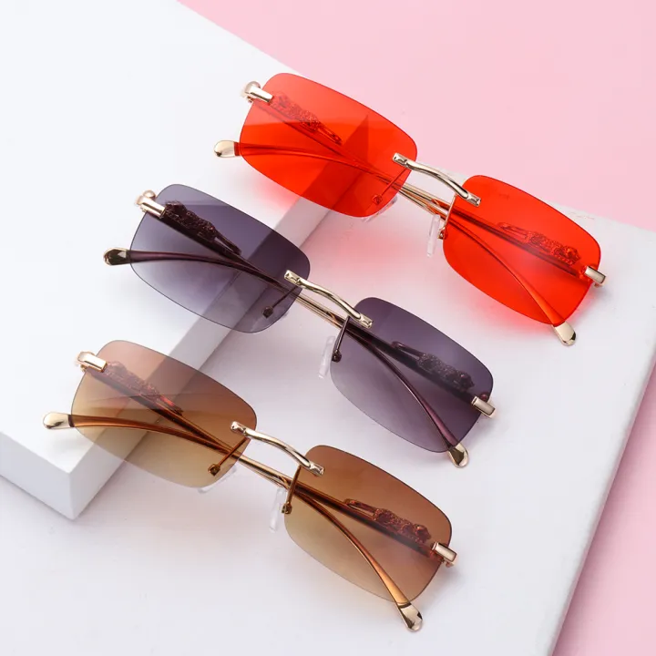 Fashion Rimless Rectangle Sunglasses for Women Men Retro Cheetah ...