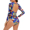 Women's One-Piece Swimsuit, 3D Print Long Sleeve Round Neck Hollow Out Back Bathing Bodysuit. 