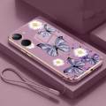 Vivo Y03 Little Daisy Luxury Butterfly Flower Casing Square Edges Plating Back TPU Soft Case with Lanyard Cover. 