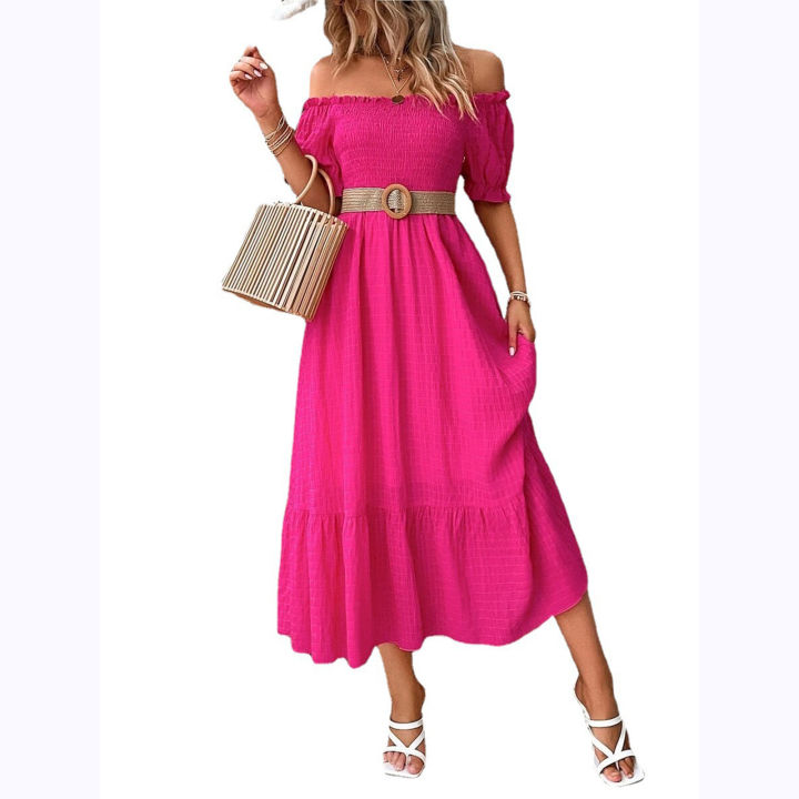 Yfashion%20Sexy%20Off%20Shoulder%20Dress%20For%20Women%20Summer%20Elegant%20Puff%20Short%20Sleeves%20Long%20Skirt%20Solid%20Color%20Ruffled%20Dress%20-%20Image%202
