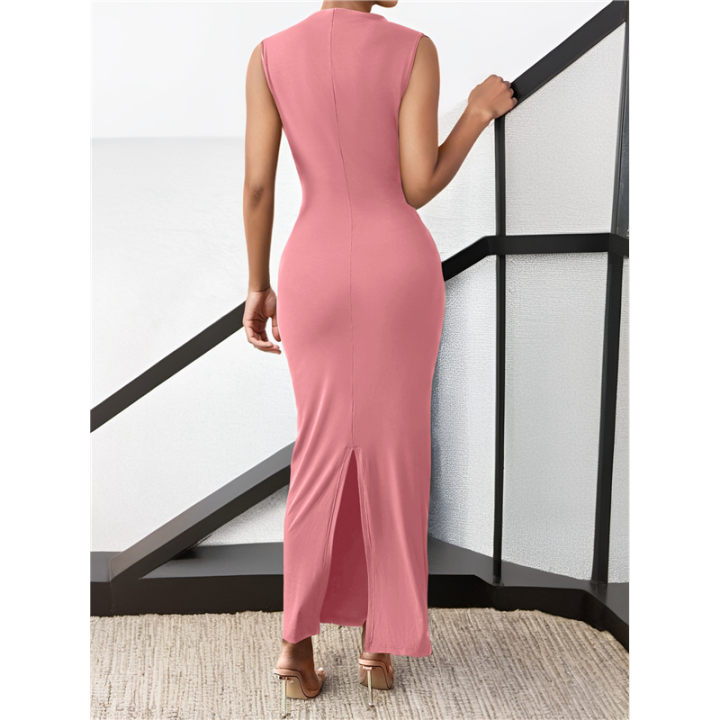Women'S%20Ruched%20Bodycon%20Dress%20Summer%20Casual%20Sleeveless%20Back%20Slit%20Elegant%20Club%20Evening%20Party%20Cocktail%20Maxi%20Dresses%20-%20Image%205